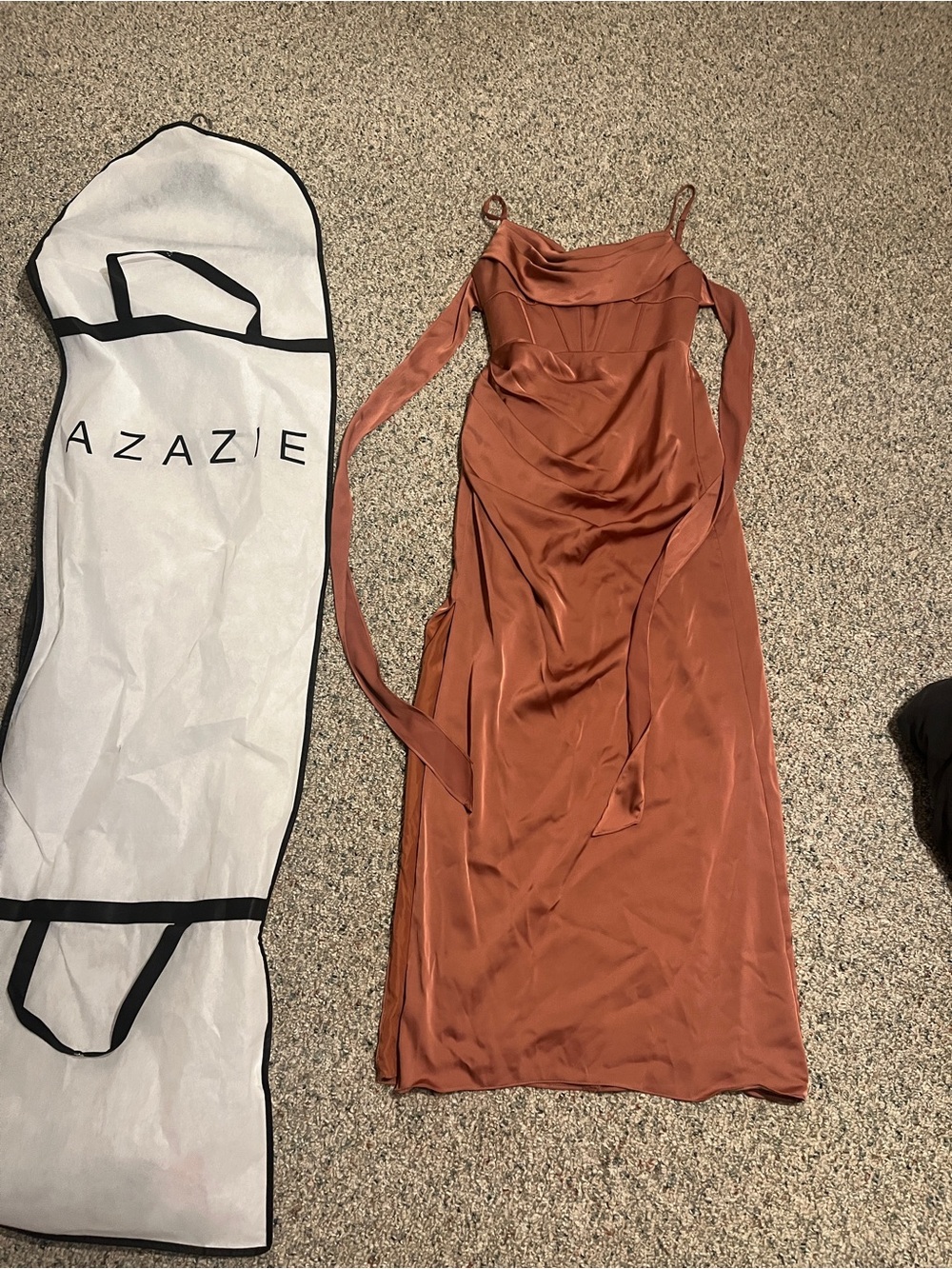 Azazie Rust Satin Cowl Slip Dress with Waist Sash